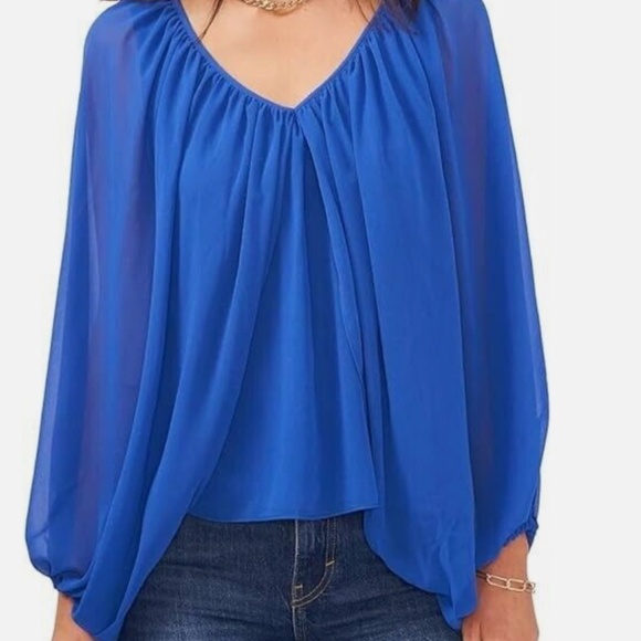 NWT Vince Camuto Women's Bubble Sleeve Flutter Blouse in Deep Azure- Size XS - Picture 1 of 6